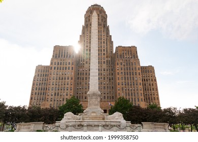 Buffalo NY, USA- June 3, 2021: Art Deco City Hall Building And McKinley Monument In Niagara Square On A Sunny Day With Intentional Lens Flare
