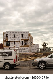 Buffalo, NY/USA-3/25/2020: Buffalo Waterfront District Condo Building Site From The Right Side View Overlooking The Erie Basin Marina