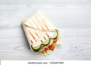 Buffalo Roll. Chicken Breast, Vegetables, Cole Slaw Salad In Pita Bread