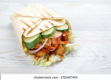 Buffalo Roll. Chicken Breast, Vegetables, Cole Slaw Salad In Pita Bread