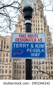 Buffalo, USA - January 24 2021: Niagara Square Designated The Bills Mafia Square In Downtown Buffalo New York With Fans  Gathering There