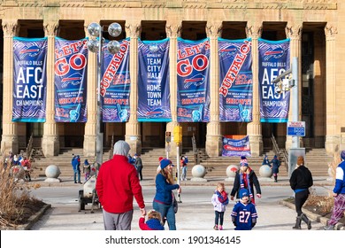 Buffalo, USA - January 24 2021: Niagara Square Designated The Bills Mafia Square In Downtown Buffalo New York With Fans  Gathering There