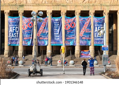 Buffalo, USA - January 24 2021: Niagara Square Designated The Bills Mafia Square In Downtown Buffalo New York With Fans  Gathering There