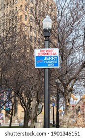 Buffalo, USA - January 24 2021: Niagara Square Designated The Bills Mafia Square In Downtown Buffalo New York With Fans  Gathering There