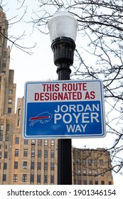 Buffalo, USA - January 24 2021: Niagara Square Designated The Bills Mafia Square In Downtown Buffalo New York With Fans  Gathering There