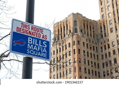 Buffalo, USA - January 24 2021: Niagara Square designated The Bills Mafia Square in Downtown Buffalo New York with Fans  Gathering There