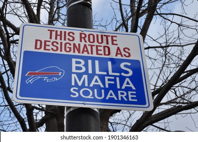 Buffalo, USA - January 24 2021: Niagara Square Designated The Bills Mafia Square In Downtown Buffalo New York With Fans  Gathering There