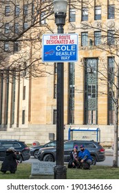 Buffalo, USA - January 24 2021: Niagara Square Designated The Bills Mafia Square In Downtown Buffalo New York With Fans  Gathering There