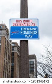 Buffalo, USA - January 24 2021: Niagara Square Designated The Bills Mafia Square In Downtown Buffalo New York With Fans  Gathering There