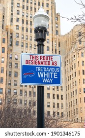 Buffalo, USA - January 24 2021: Niagara Square Designated The Bills Mafia Square In Downtown Buffalo New York With Fans  Gathering There