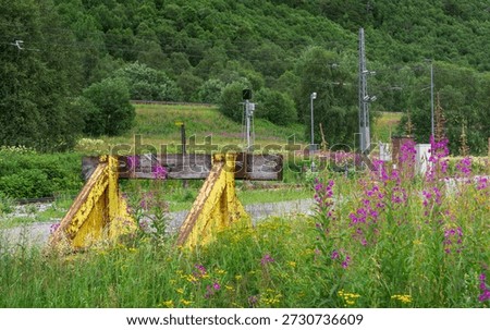 A buffer stop is seen in a field of tall grass and flowers in Norway. Tracks can be seen in the background along with trees and signaling equipment nearby