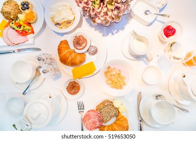 Buffet Brunch Food Eating Festive Cafe Dining Concept, Top View, Toned Image