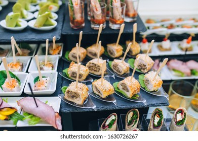 Buffet Of Different Delicious Food At A Wedding Celebration. Snacks For Guests. Festive Party. Canapes.