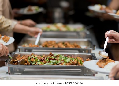 buffet food, catering food party at restaurant, mini canapes, snacks and appetizers
