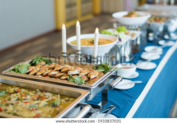 buffet food, catering food party at\
restaurant, mini canapes, snacks and\
appetizers\
