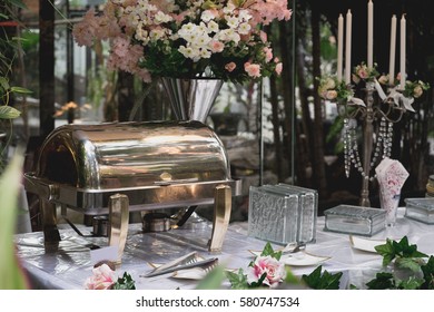  buffet food in the  luxury restaurant garden with flower and leaf decoration