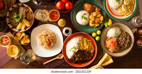 Buffet lunch table Peruvian cuisine traditional dishes comfort food