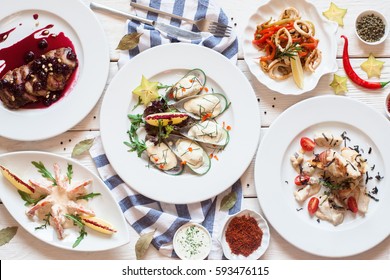 Buffet Of Luxurious Mediterranean Snacks Flat Lay. Top View On Restaurant Table With Assortment Of Seafood Meals. Banquet, Menu, Expensive Food, Success Concept