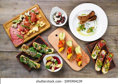 Buffet Of Mediterranean Snacks Flat Lay On Table. Assorted Gourmet Food, Chef's Meals, Luxury Restaurant Menu, Appetizers Variety