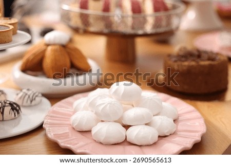Buffet menu. Different delicious desserts on table, selective focus