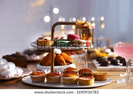 Buffet menu. Different delicious desserts on table, selective focus