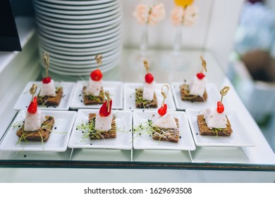 Buffet Reception Of Different Delicious Food At A Wedding Celebration. Snacks And Canapes For Guests. Wedding Party.