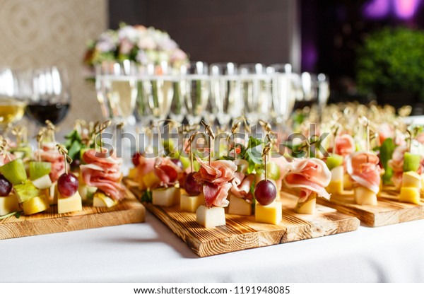 Buffet Reception Glasses Wine Champagne Assortment Stock Photo