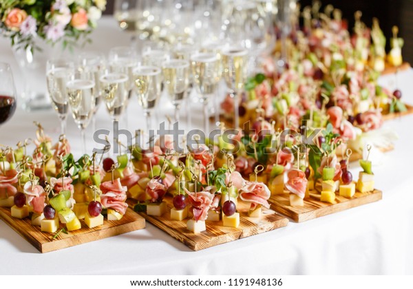 Buffet Reception Glasses Wine Champagne Assortment Stock Photo