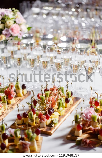 Buffet Reception Glasses Wine Champagne Assortment Stock Photo