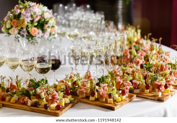 Buffet Reception Glasses Wine Champagne Assortment Stock Photo