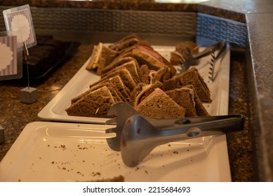 Buffet - Sandwiches On White Ceramic Trays. Fast Food At The Beach Cafe In Corfu, Greece. High Quality Photo