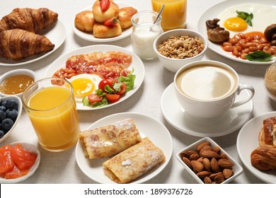Buffet service. Tasty breakfast served on table