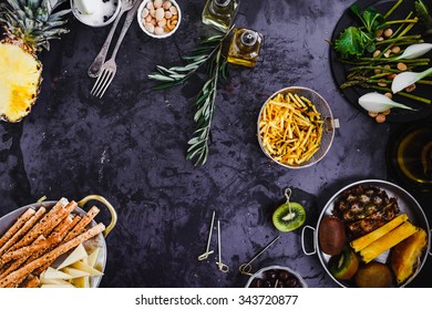 Buffet Spread Party Menu. Overhead Picnic Food On A Dark Table With Copy Space. 