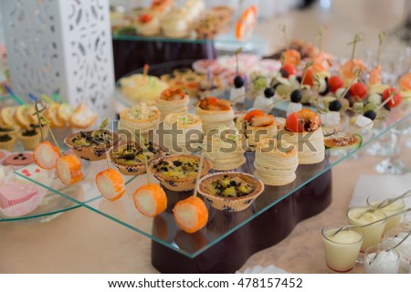 A buffet table with appetizers. Catering
