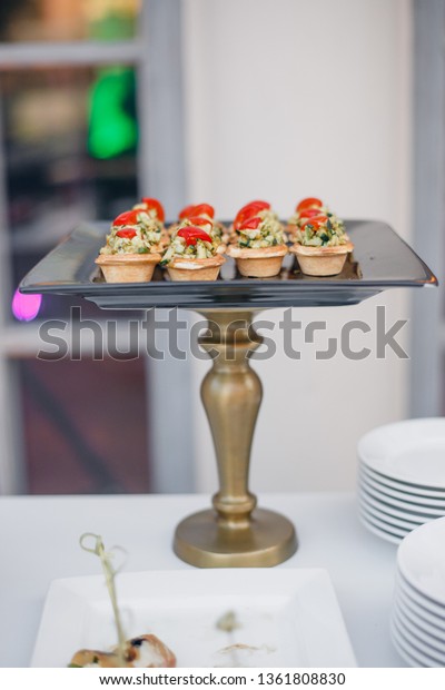 Buffet Table White Tablecloth Celebration Wedding Stock Photo