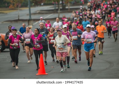 Buford, GAUSA - October 26, 2019:  Hundreds Of People Wearing Pink Run And Walk In The Paint Gwinnett Pink Event, A Charity Fundraiser For Breast Cancer Research, On October 26, 2019 In Buford, GA.