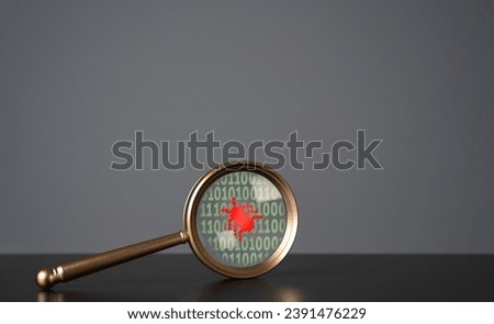 Bug in the code in the magnifying glass. Debugging, testing and code review. Troubleshooting. Programming. Fault or glitch that causes software to malfunction. Checking internet traffic