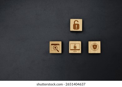 Bug detection, unlock, and data breach icons on wooden blocks, cybersecurity risk, vulnerability, system error, black background. - Powered by Shutterstock - Get 15% off with code: PIKWIZARD15
