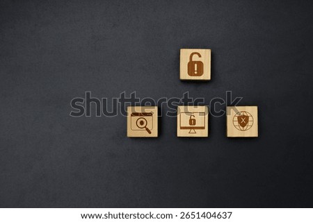 Bug detection, unlock, and data breach icons on wooden blocks, cybersecurity risk, vulnerability, system error, black background.