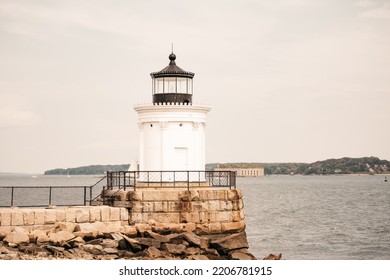 Bug Light Park Lighthouse On A Cloudy Day In Maine. 