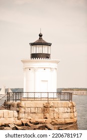 Bug Light Park Lighthouse On A Cloudy Day In Maine. 