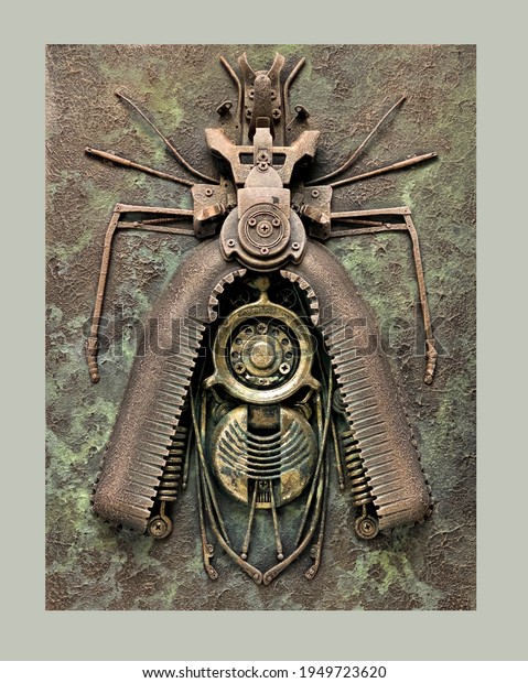 Bug made of metal, plastic parts, waste\
recyclable materials, used elements of old objects. 3D wall\
painting made by hand. Professional craft. The second painting of\
three paintings in the\
series.