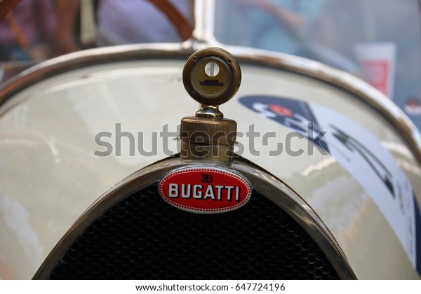 Bugatti retro auto emblem close\
up.1000 Miles Annual race of retro auto. Brescia Italy May 17\
2017