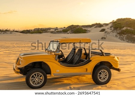 A buggy on a dune at the sunset during a sunny day