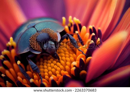 Bugs and animals on flower. Extreme close-up.