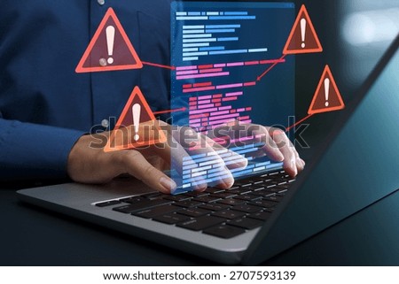 Bugs in software source code and debugging. Programmer using laptop computer to fix bugs.