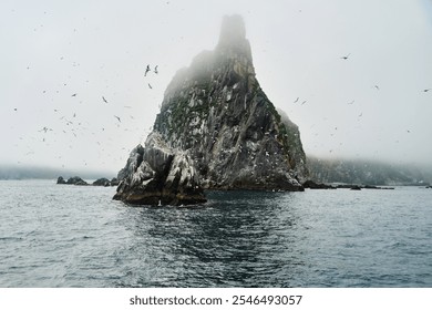 Buhta russkaya, Kamchatka. Misty Coastal Rock Formation Surrounded by Foggy Weather Conditions Creating a Dreamy Aesthetic - Powered by Shutterstock