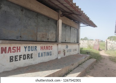 Buiba Mandinka, Gambia, Africa, December 10, 2018:  School Kitchen Wall With Colorful Educational Sign: 