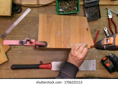 Build Birdhouse, Wood, Screws And Tools Lying On The Bench