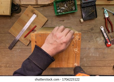 Build Birdhouse, Wood, Screws And Tools Lying On The Bench